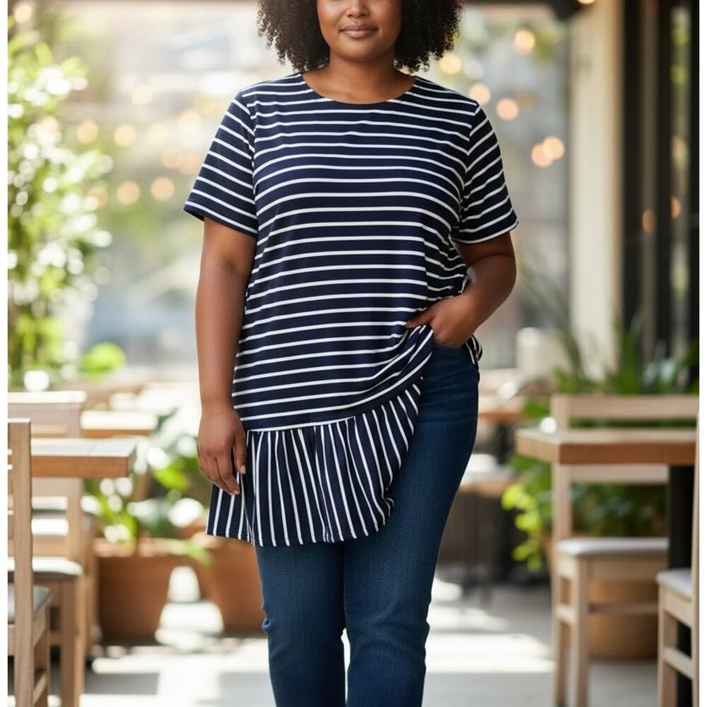 JunaRose Blue White Striped Mini Dress Size 1X Drop Waist Nautical Cotton $75